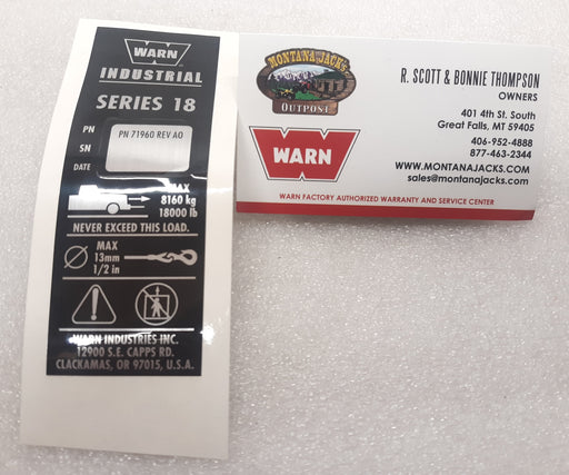 WARN 71960 Nameplate Decal for Series 18 Industrial Winch