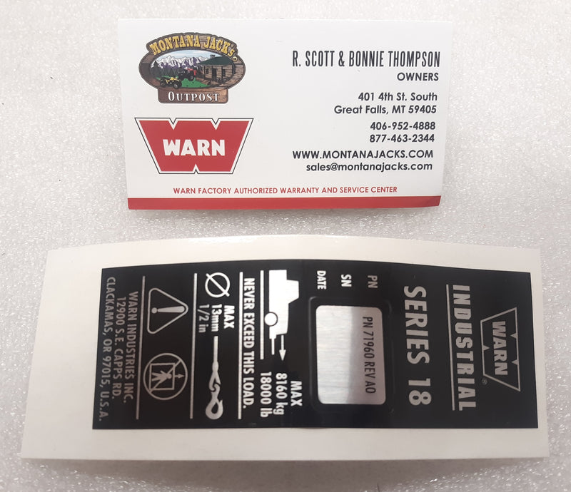 WARN 71960 Nameplate Decal for Series 18 Industrial Winch
