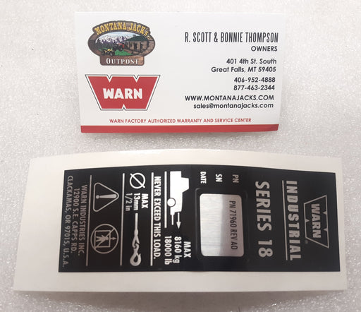 WARN 71960 Nameplate Decal for Series 18 Industrial Winch