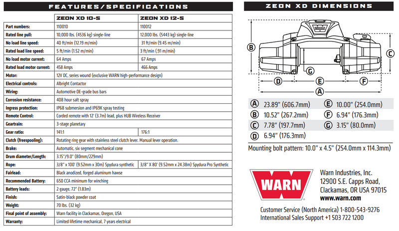 WARN 110012 ZEON XD 12-S Winch