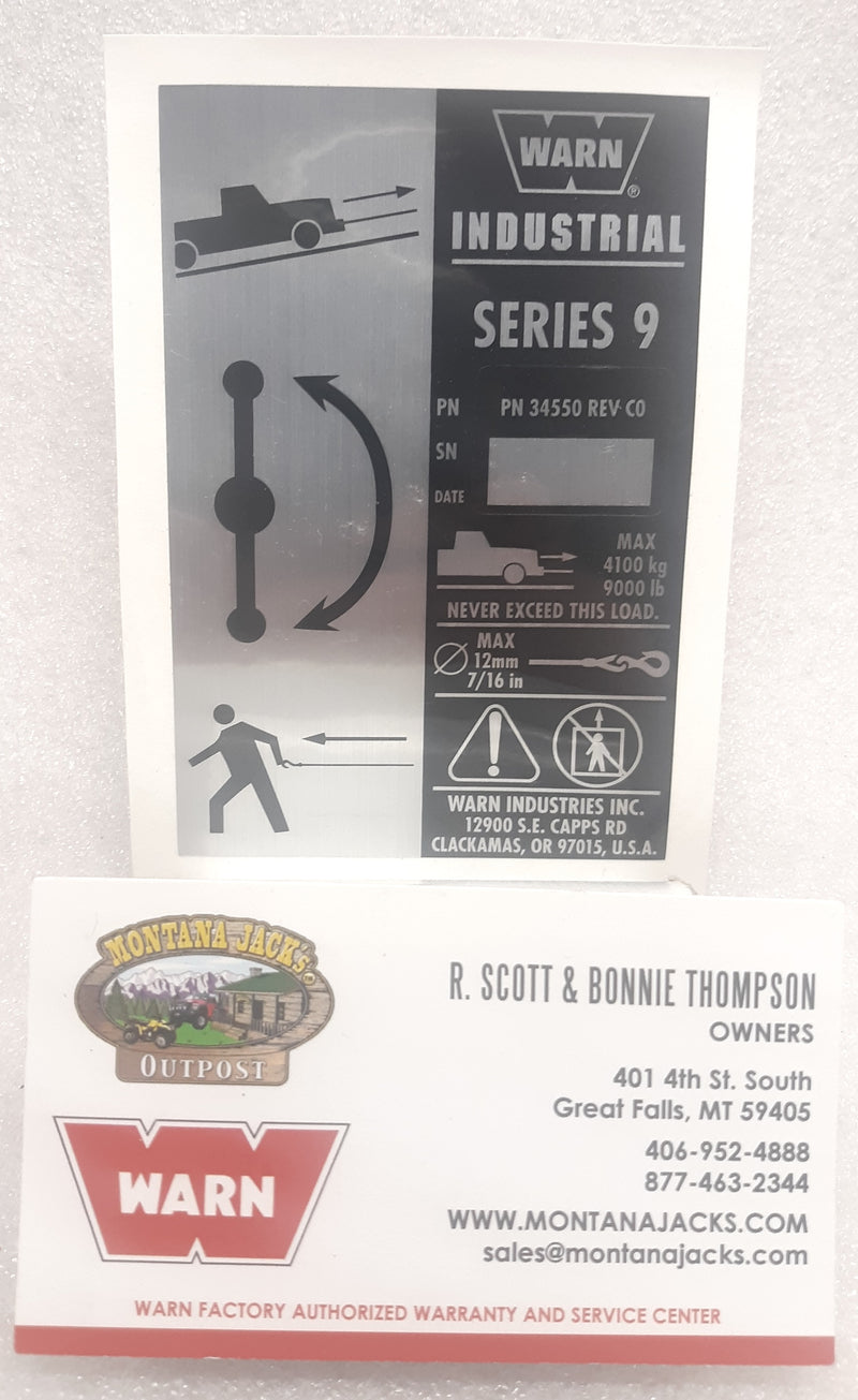 WARN 34550 Nameplate Decal for Series 9 Industrial Winch w/manual clutch