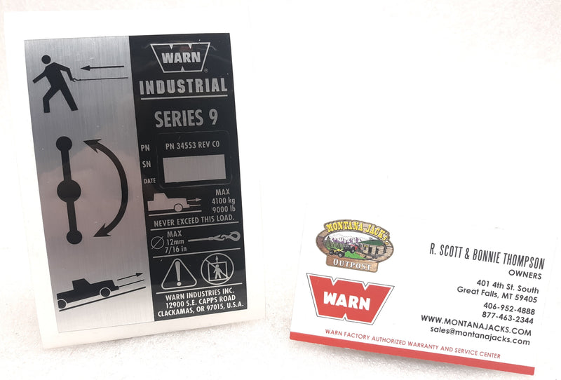 WARN 34553 Nameplate Decal for Series 9 Industrial Winch w/remote manual clutch