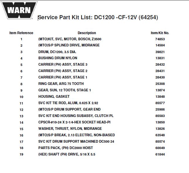 WARN DC1200 parts list